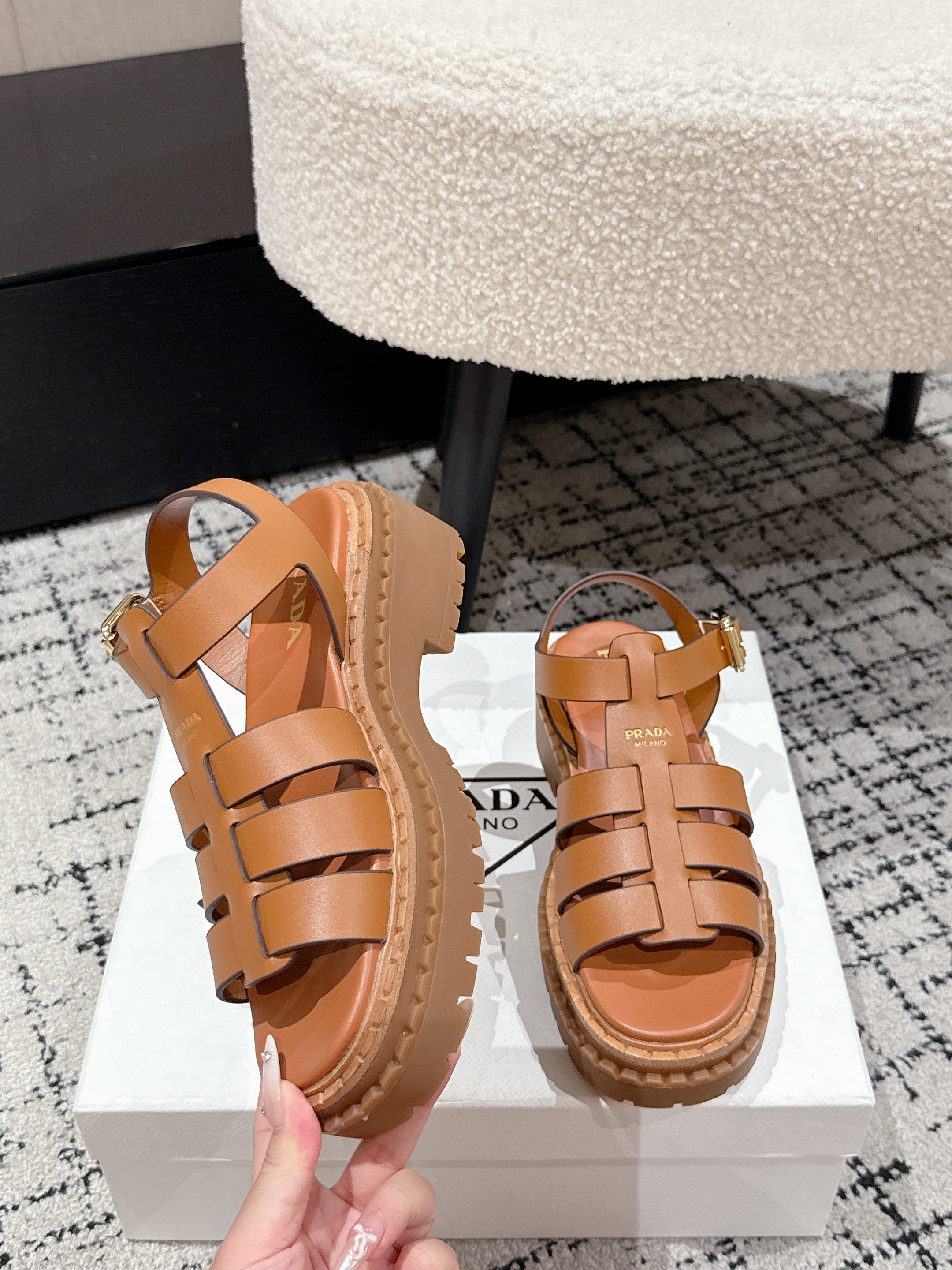 PRADA 25S FISHERMAN OPEN TOE SANLS IN BURNT ORANGE CALFSKIN