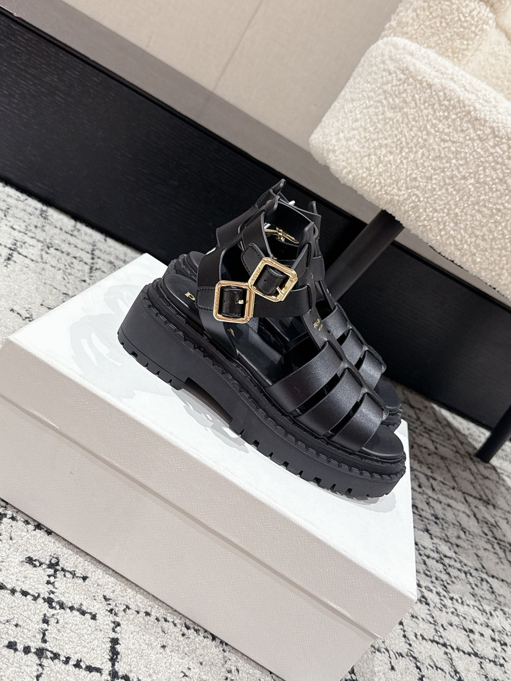 PRADA 25S HIGH TOP OPEN TOE FISHERMAN SANLS IN BLACK CALFSKIN