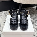 PRADA 25S HIGH TOP OPEN TOE FISHERMAN SANLS IN BLACK CALFSKIN