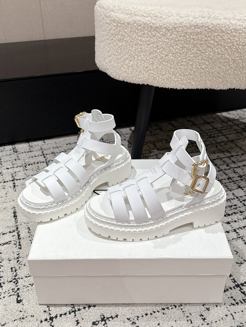 PRADA 25S HIGH TOP OPEN TOE FISHERMAN SANLS IN WHITE CALFSKIN