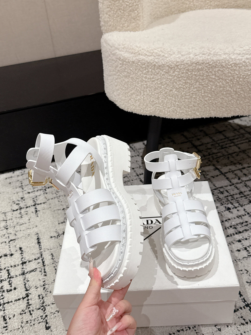 PRADA 25S HIGH TOP OPEN TOE FISHERMAN SANLS IN WHITE CALFSKIN