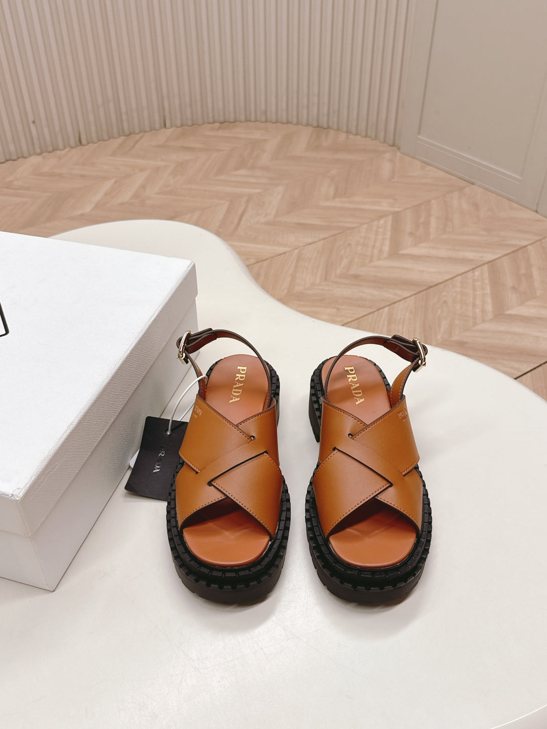 PRADA 25S CRISSCROSS SANLS IN LIGHT TAN CALFSKIN