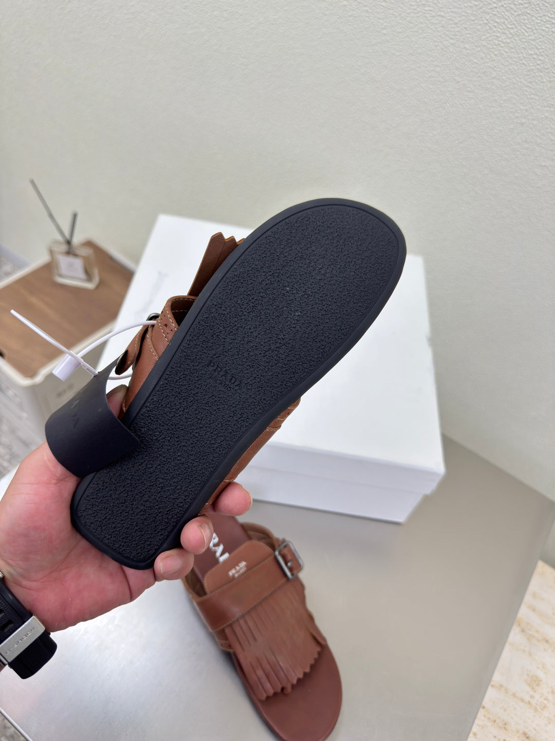 PRADA 25S SHUFFLE LEATHER THONG SANLS IN SIENNA CALFSKIN