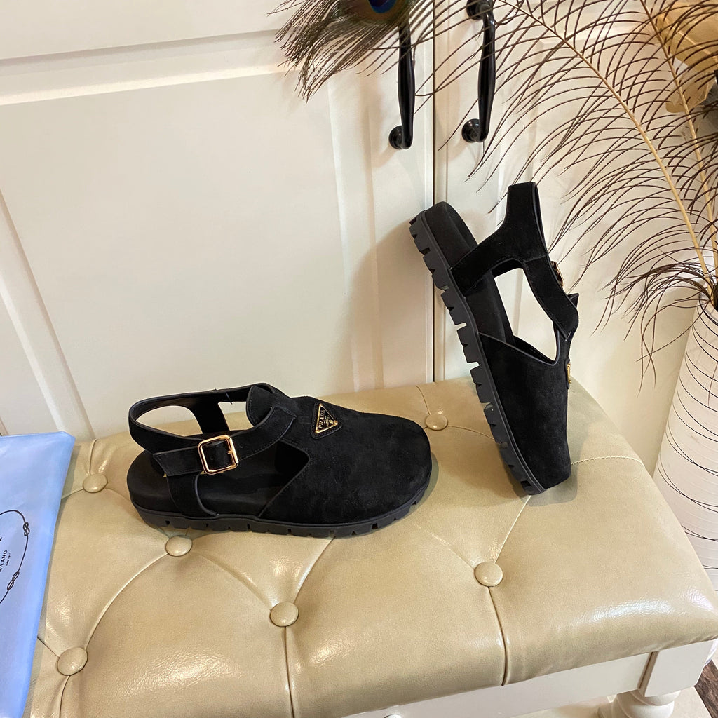PRADA RUBBER SOLE SANLS IN BLACK SUEDE