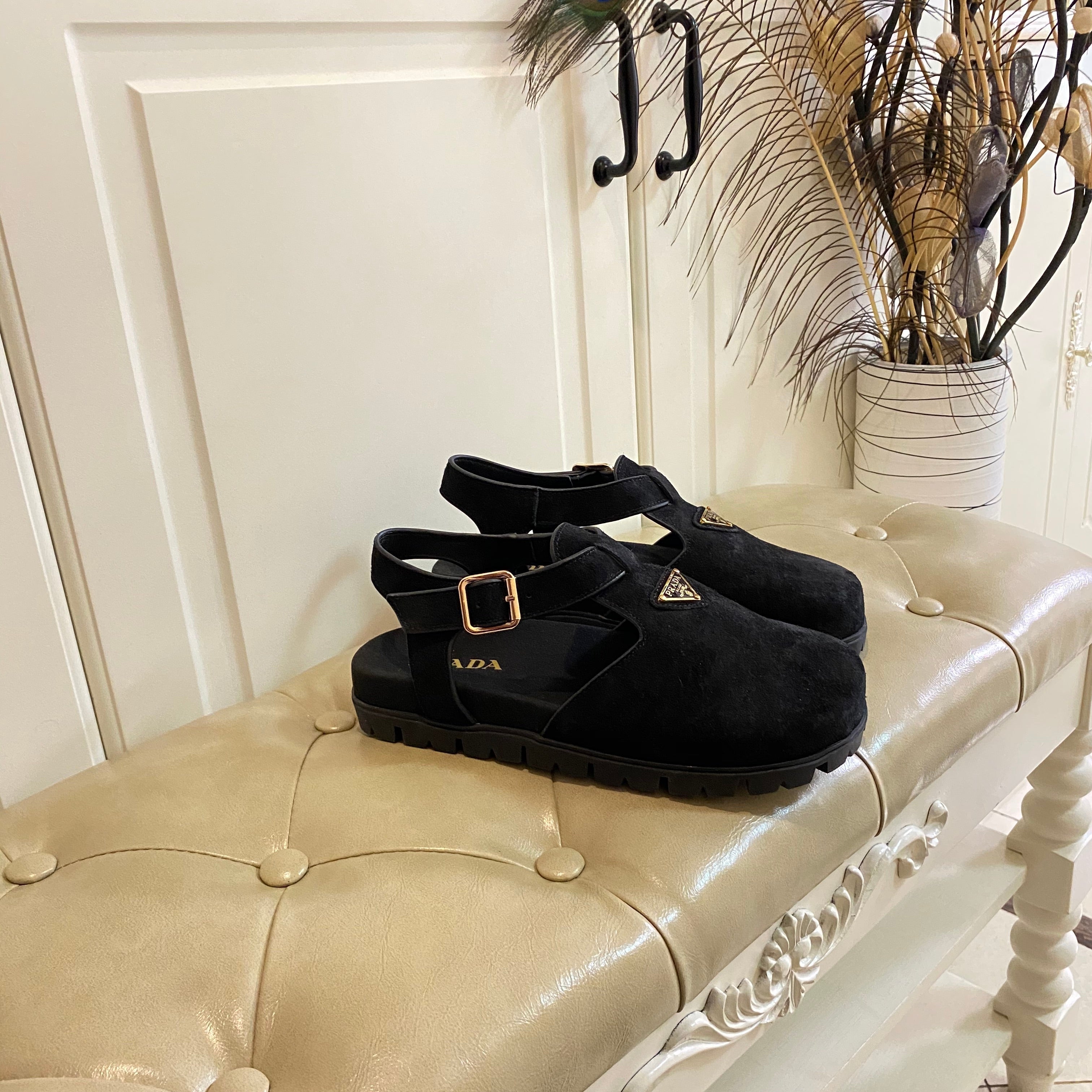 PRADA RUBBER SOLE SANLS IN BLACK SUEDE