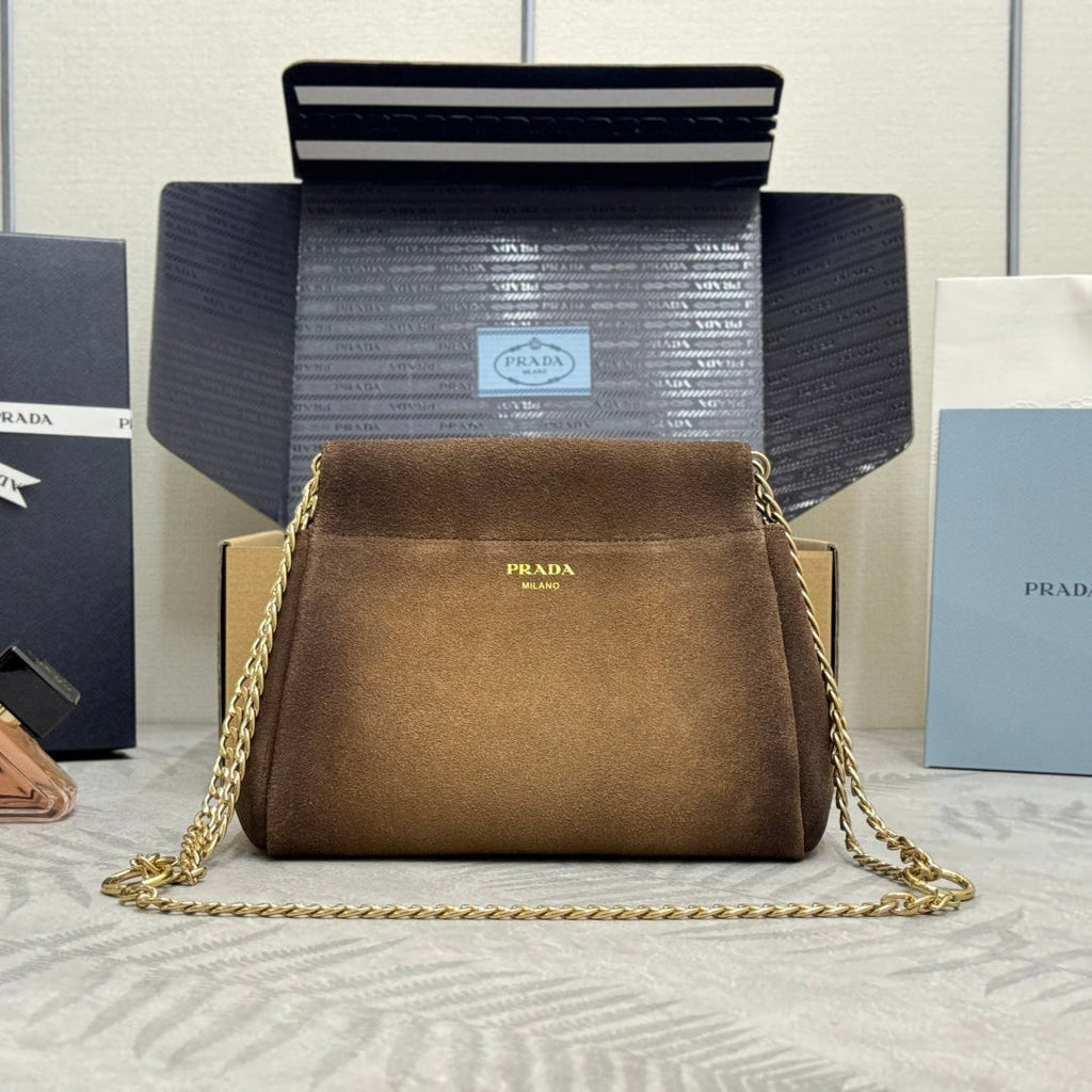 PRADA 25S ENCHAINE MINI BAG 22 IN CARAMEL BROWN SUEDE GOLD HARDWRE