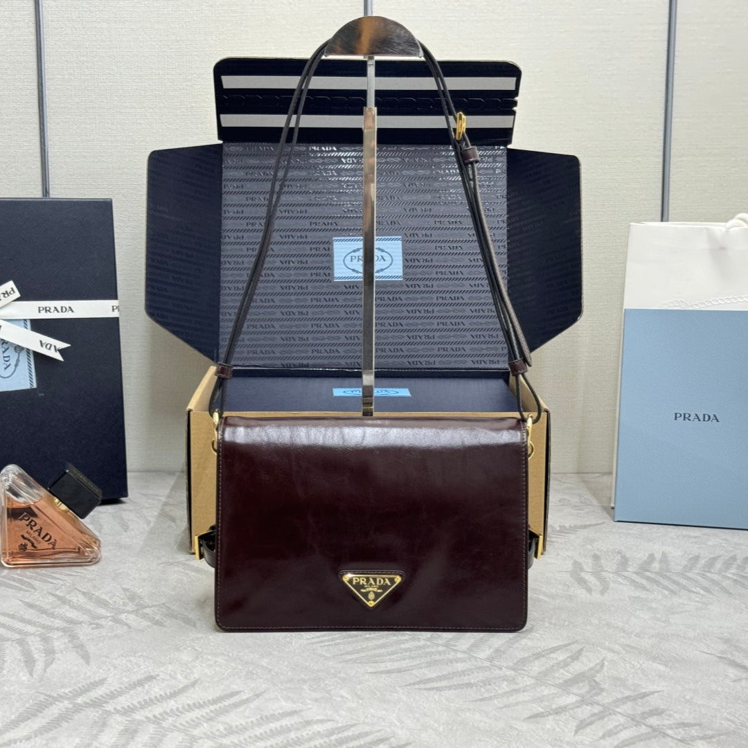 PRADA 25S SHOULDER BAG 23 IN RK BROWN CALFSKIN GOLD HARDWRE