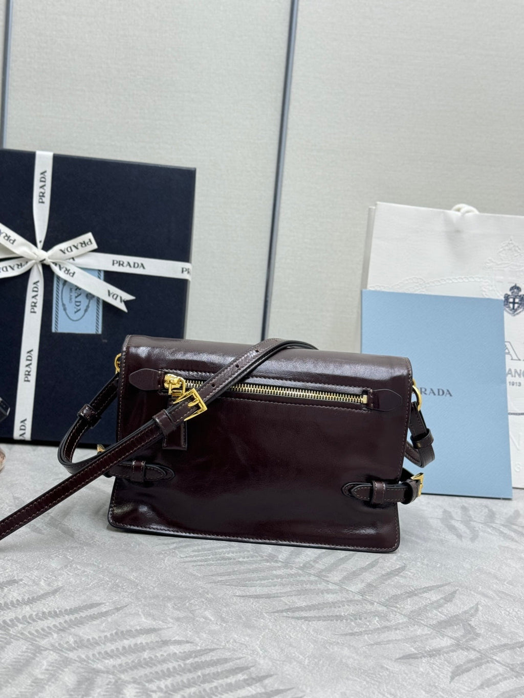 PRADA 25S SHOULDER BAG 23 IN RK BROWN CALFSKIN GOLD HARDWARE