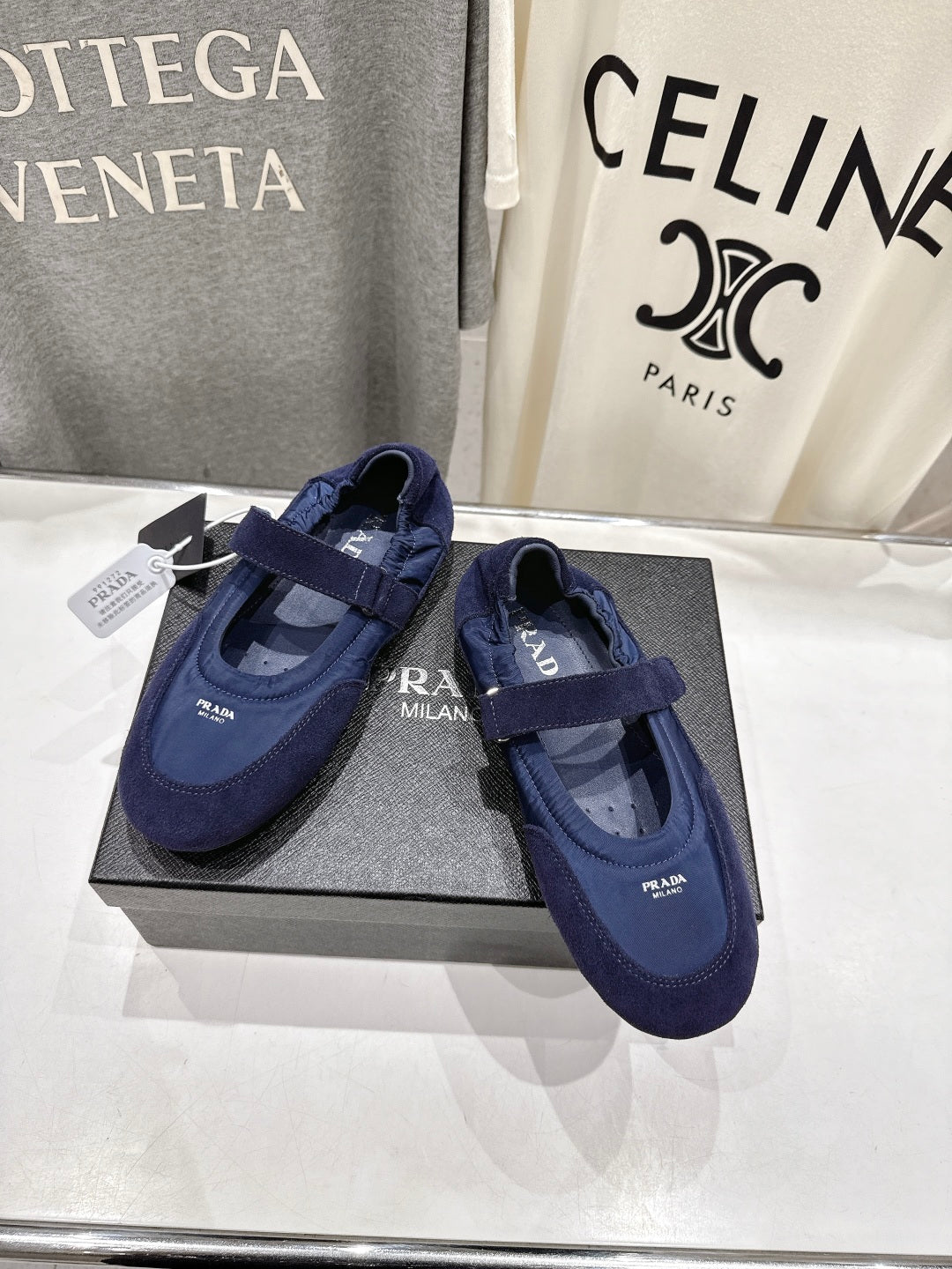 PRADA 25S COLLAPSE RE NYLON AND SUEDE BALLERINAS IN RK BLUE