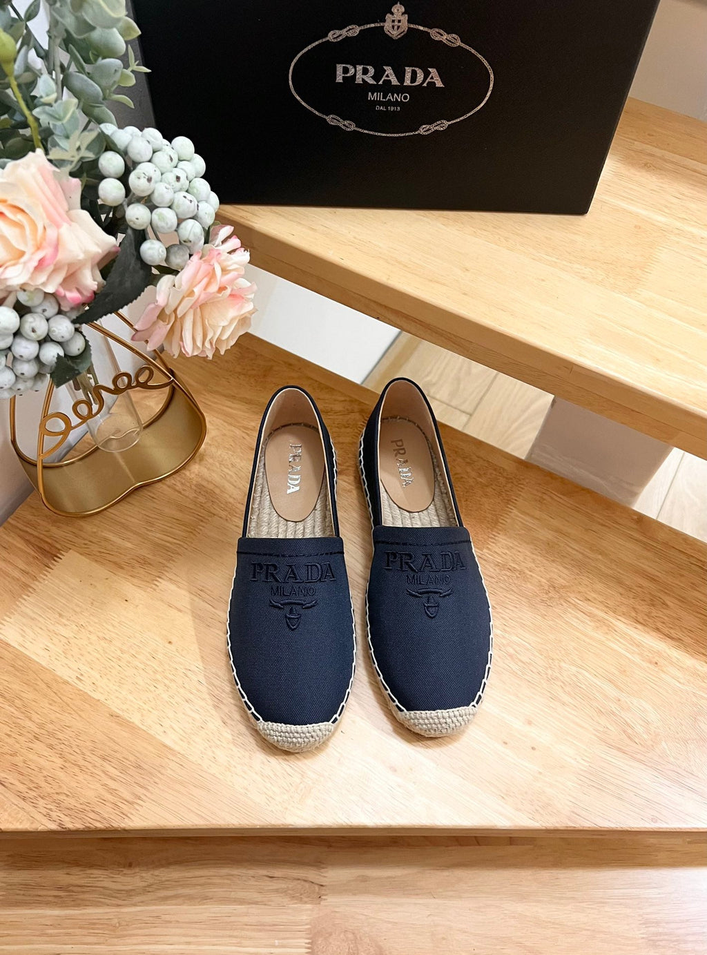PRADA ESPADRILLES LOAFERS NAVY LINEN FABRIC