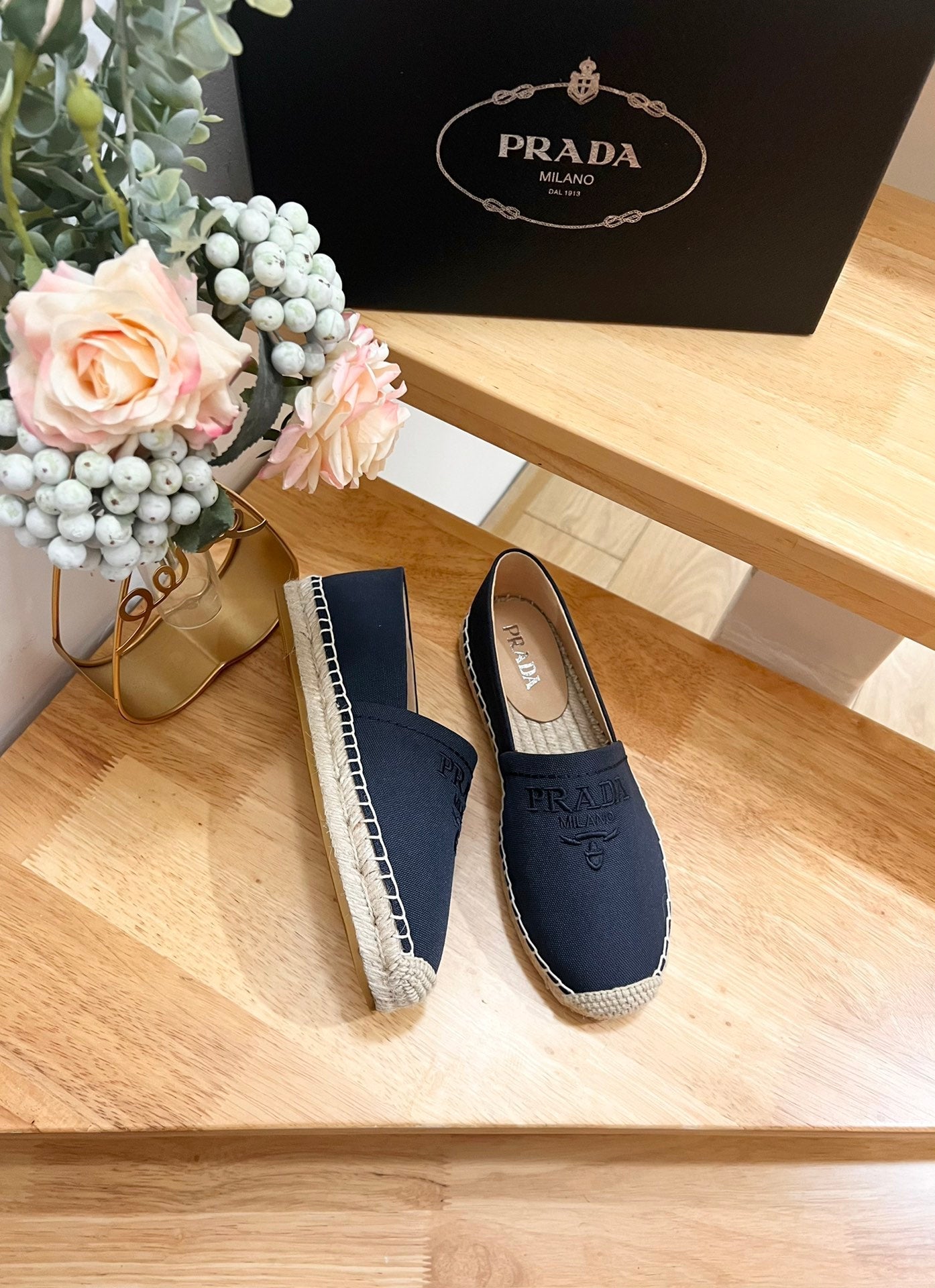 PRADA ESPADRILLES LOAFERS NAVY LINEN FABRIC