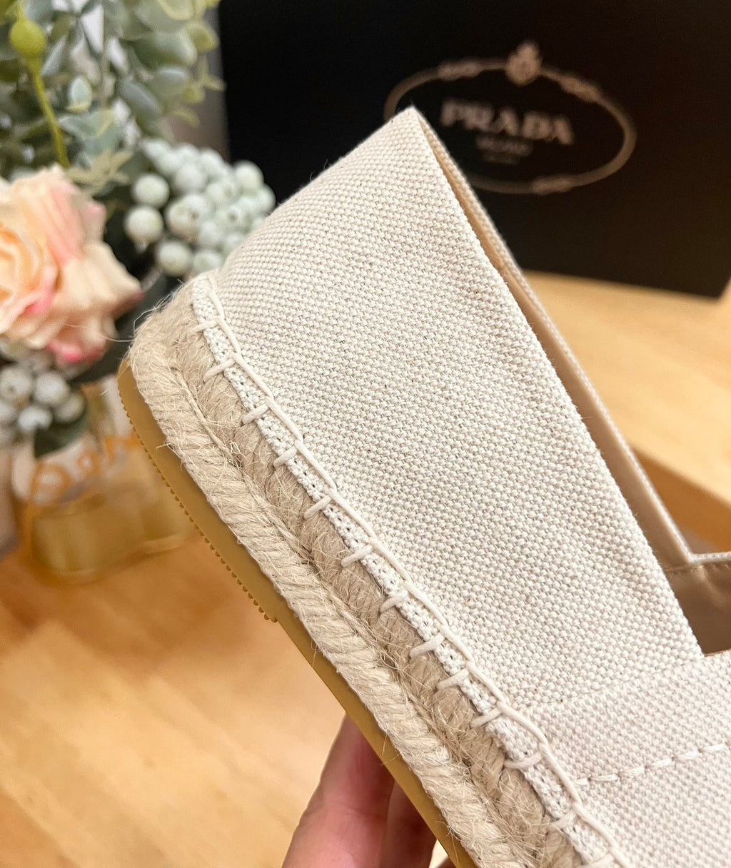PRADA ESPADRILLES LOAFERS CREAMY WHITE LINEN FABRIC