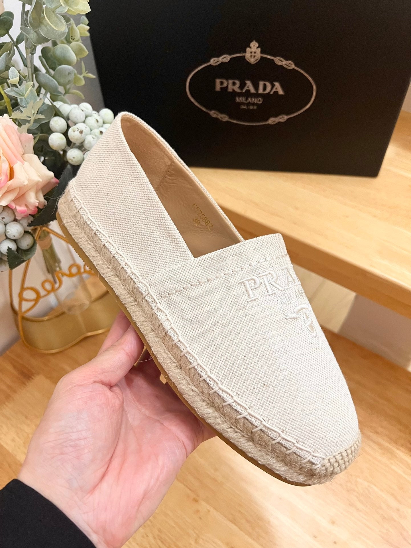 PRADA ESPADRILLES LOAFERS CREAMY WHITE LINEN FABRIC