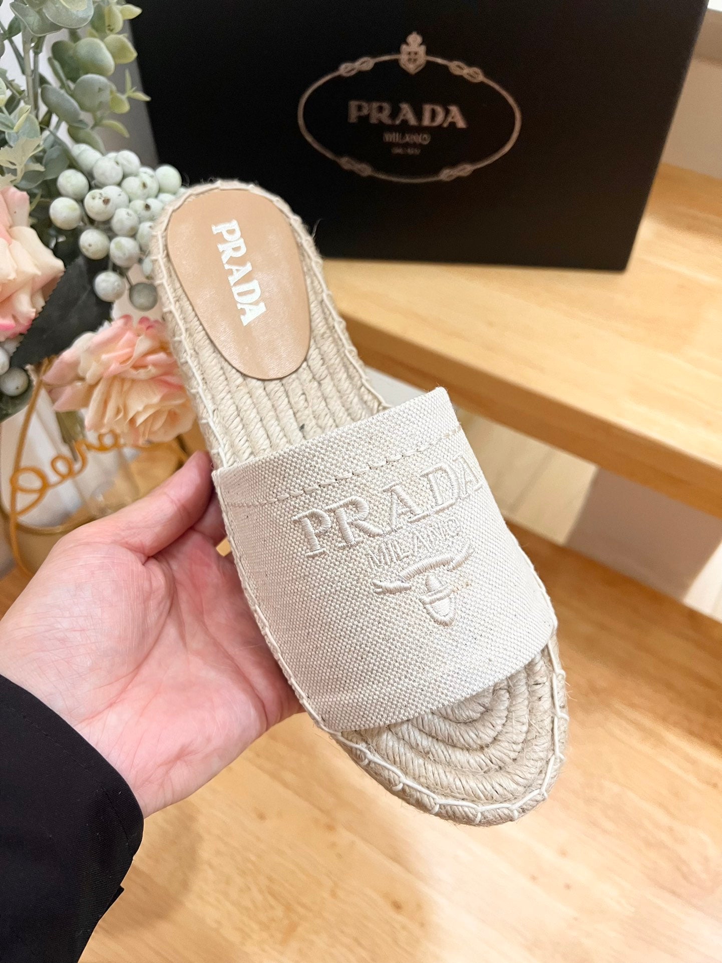 PRADA CROCHET SLIPPERS CREAMY WHITE LINEN FABRIC
