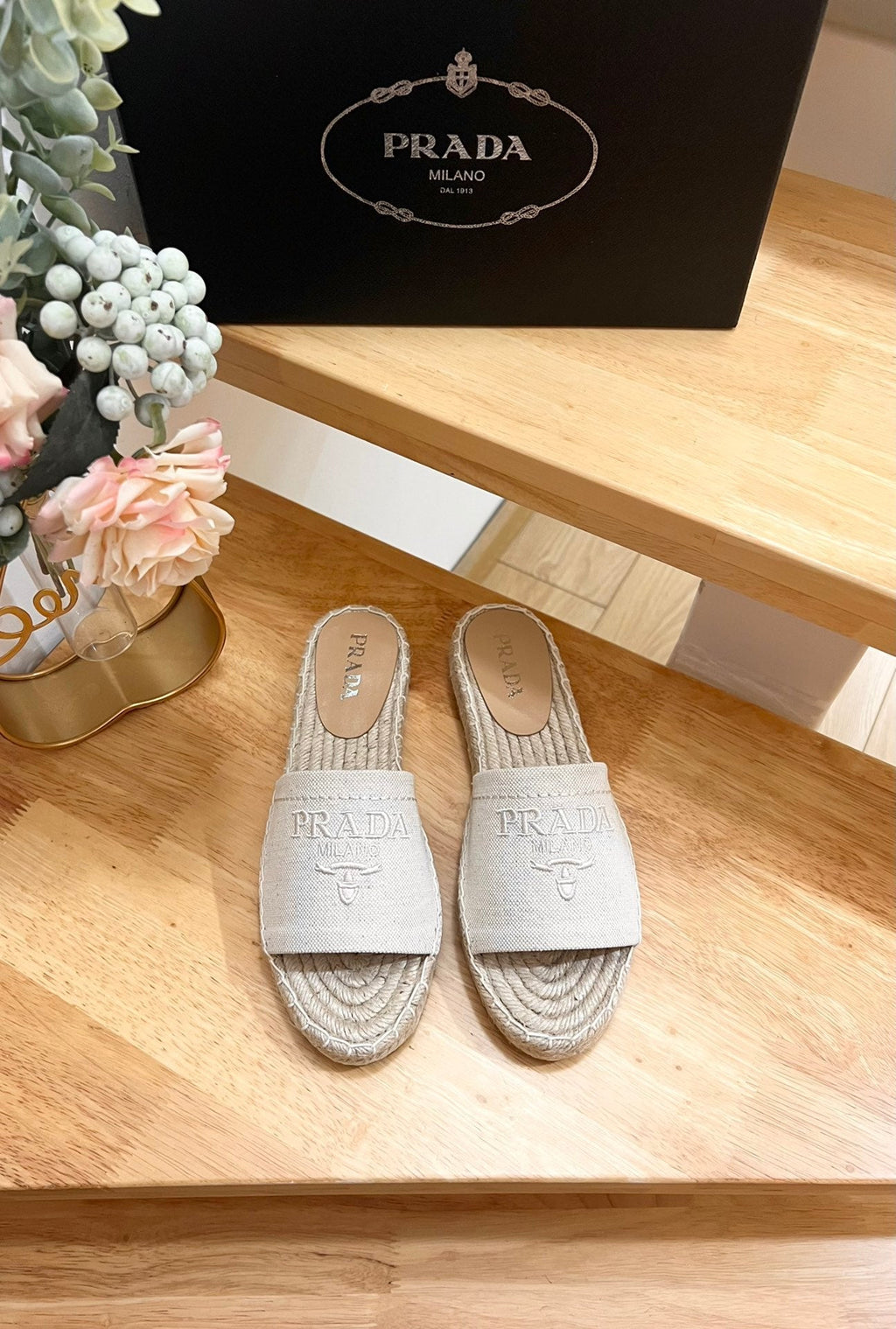 PRADA CROCHET SLIPPERS CREAMY WHITE LINEN FABRIC
