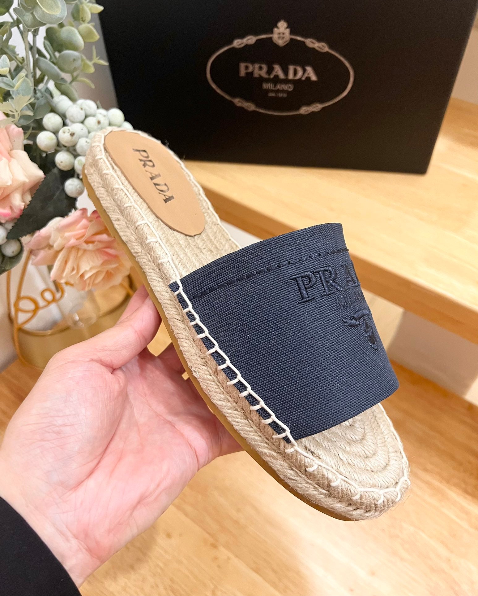 PRADA CROCHET SLIPPERS NAVY LINEN FABRIC