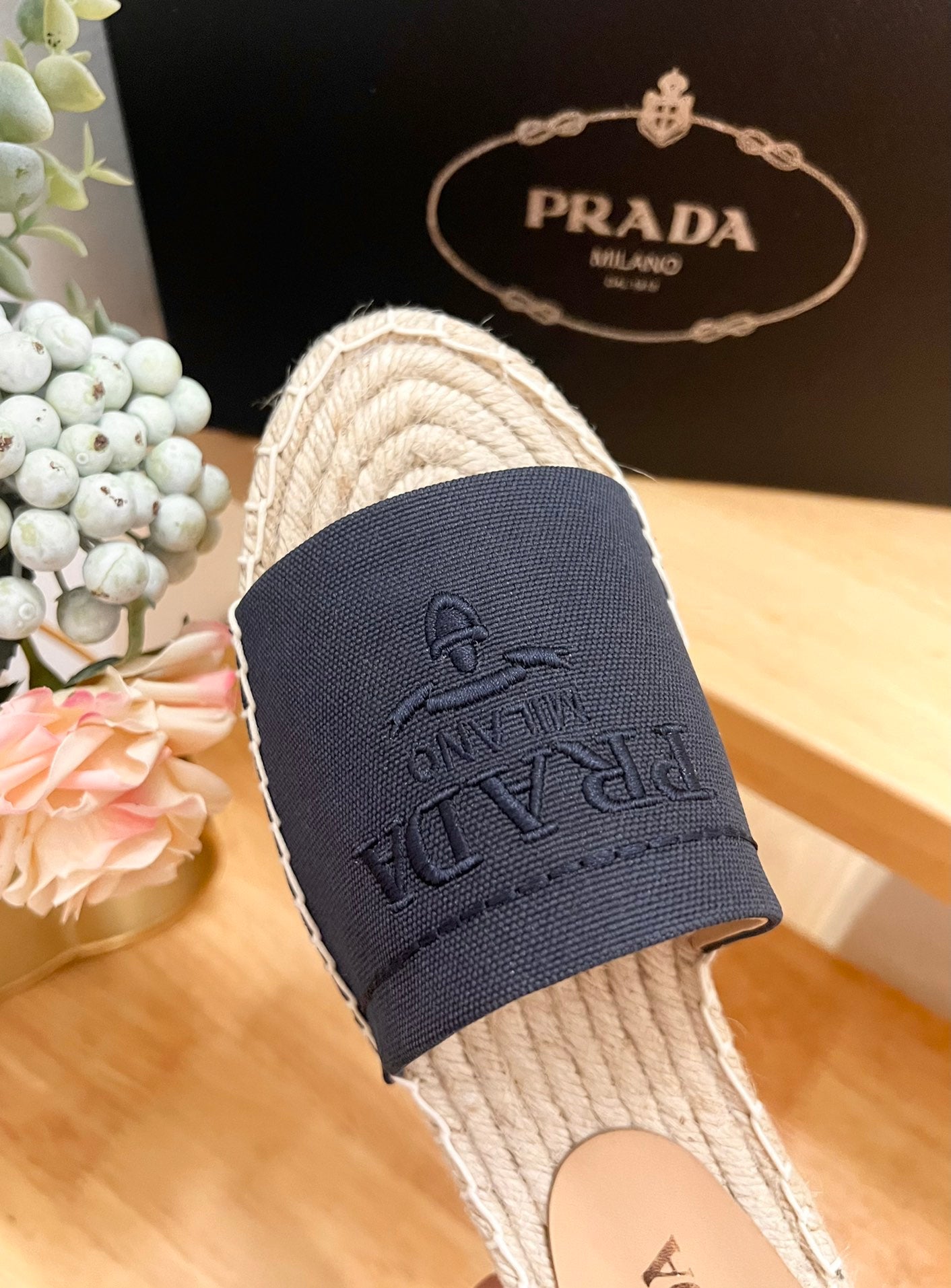 PRADA CROCHET SLIPPERS NAVY LINEN FABRIC