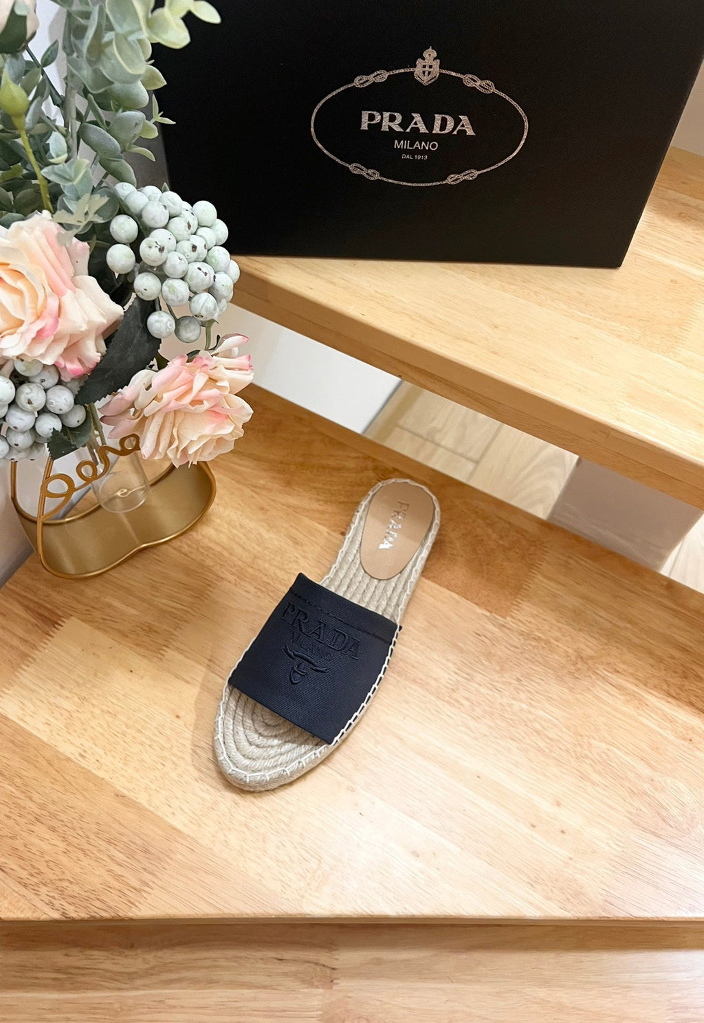 PRADA CROCHET SLIPPERS NAVY LINEN FABRIC