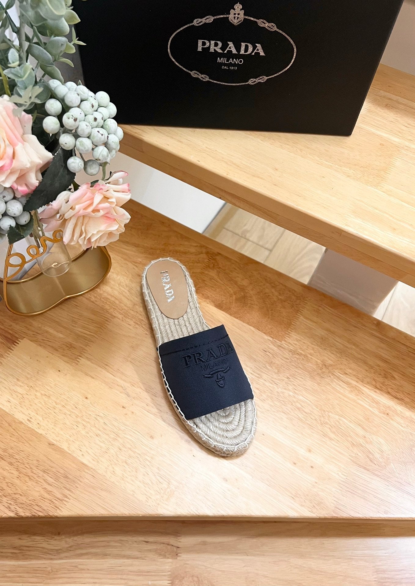 PRADA CROCHET SLIPPERS NAVY LINEN FABRIC