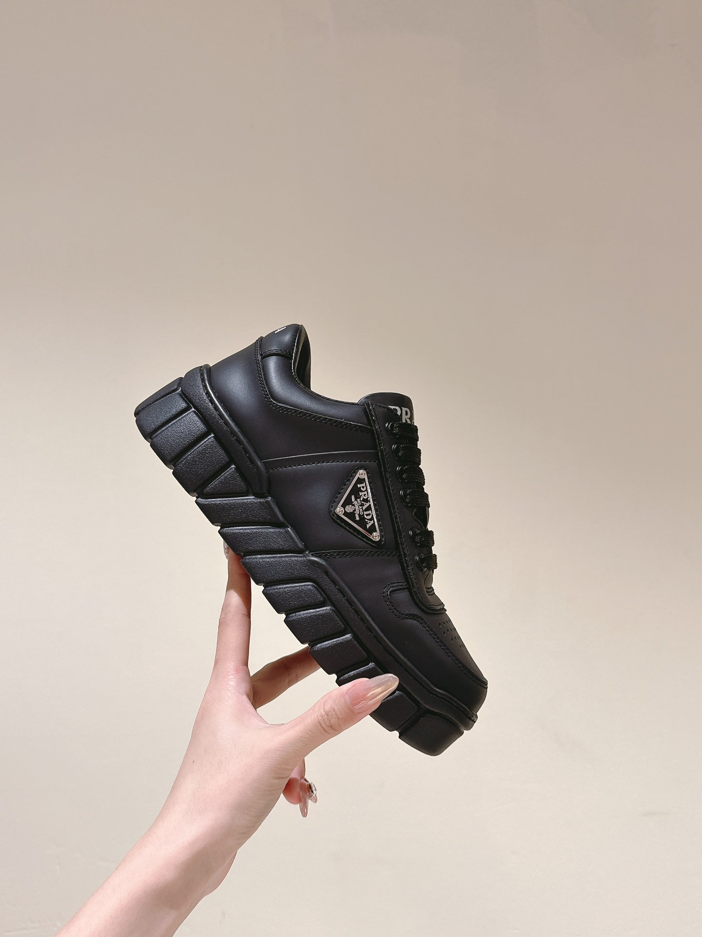 PRADA FLATFORM SNEAKERS BLACK CALFSKIN