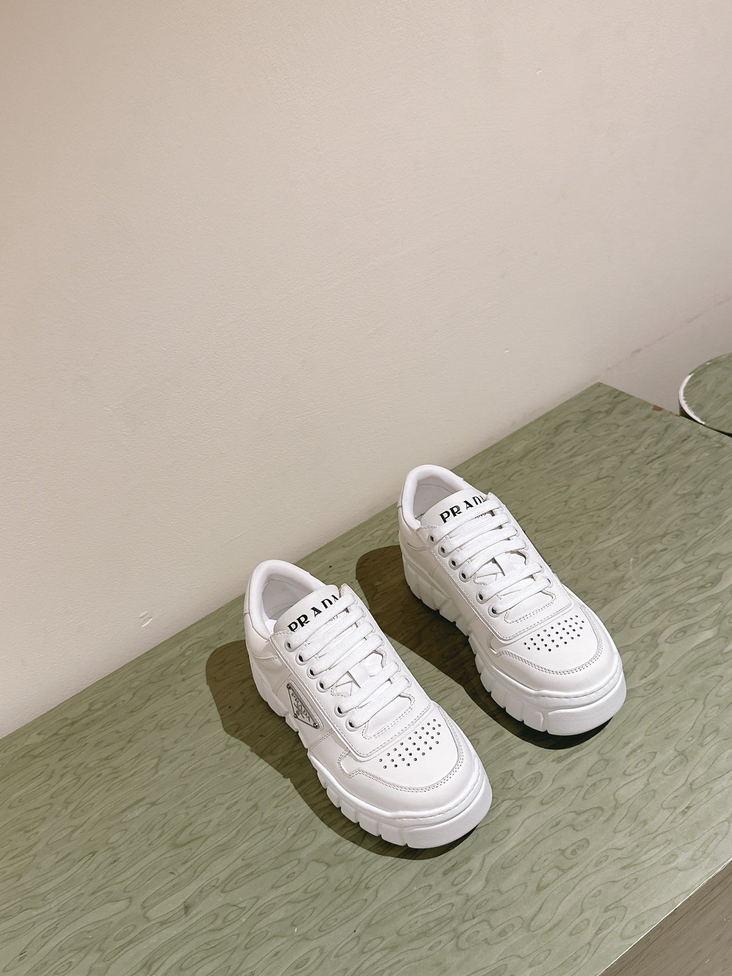 PRADA FLATFORM SNEAKERS WHITE CALFSKIN