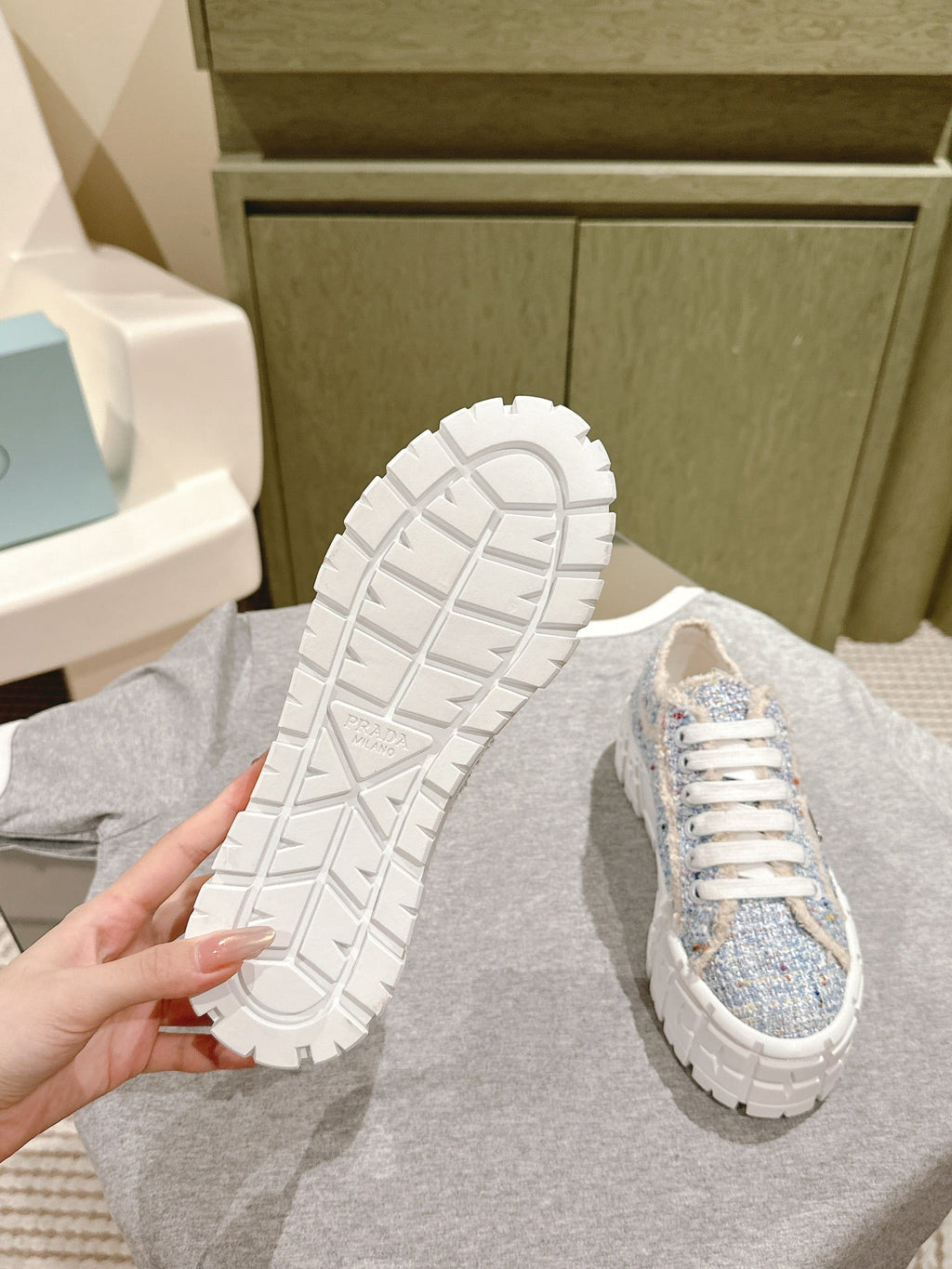 PRADA DOUBLE WHEEL RE-NYLON GABARDINE SNEAKERS SKY FABRIC