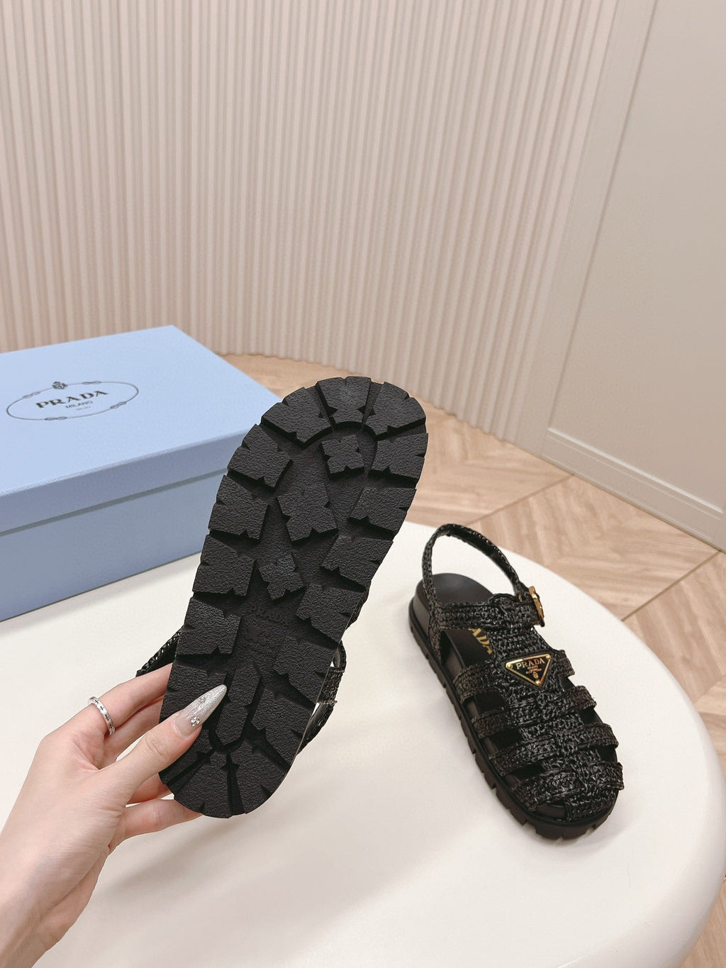 PRADA RUBBER FISHERMAN SANLS BLACK LAMBSKIN