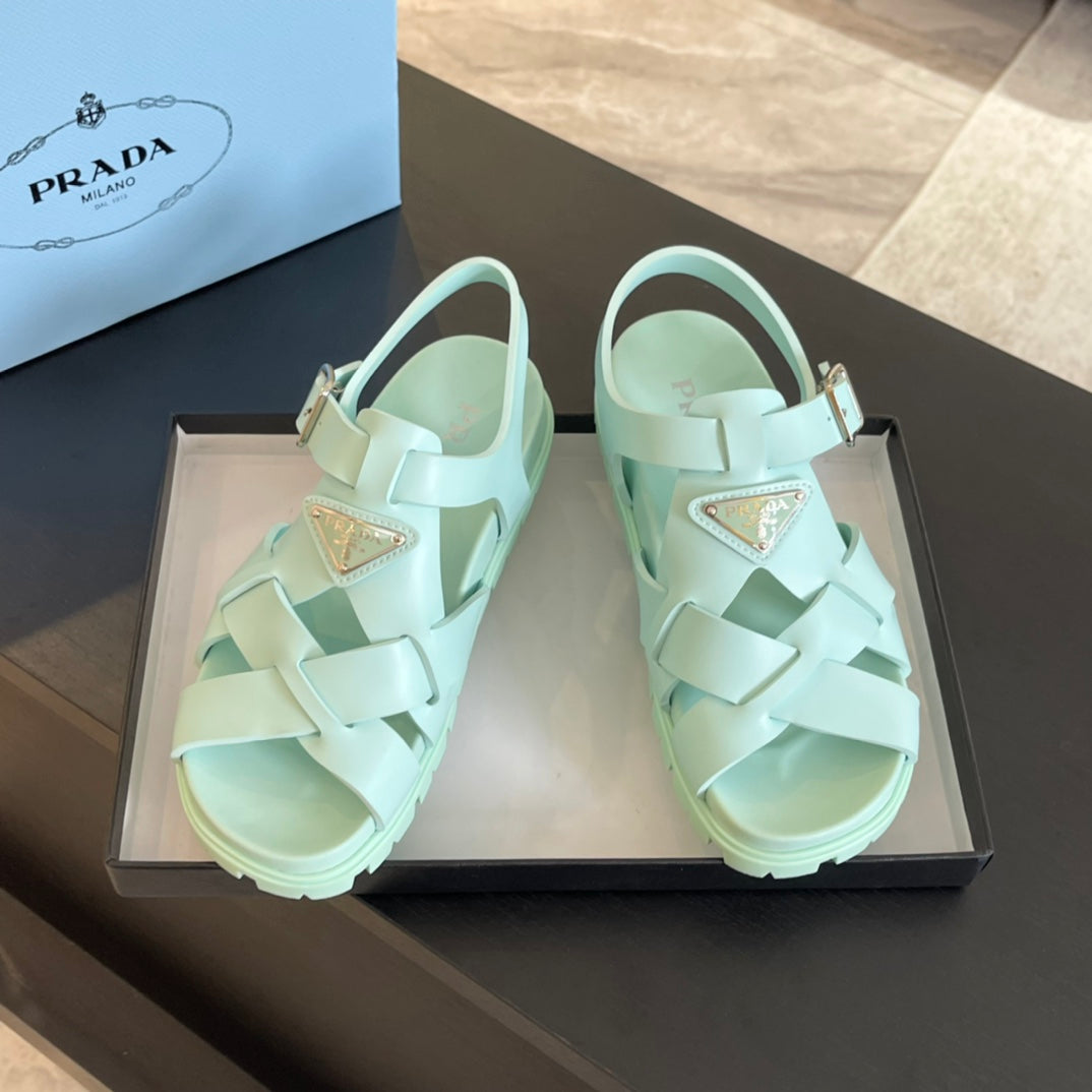 PRADA CRISSCROSS RUBBER SANLS MINT CALFSKIN