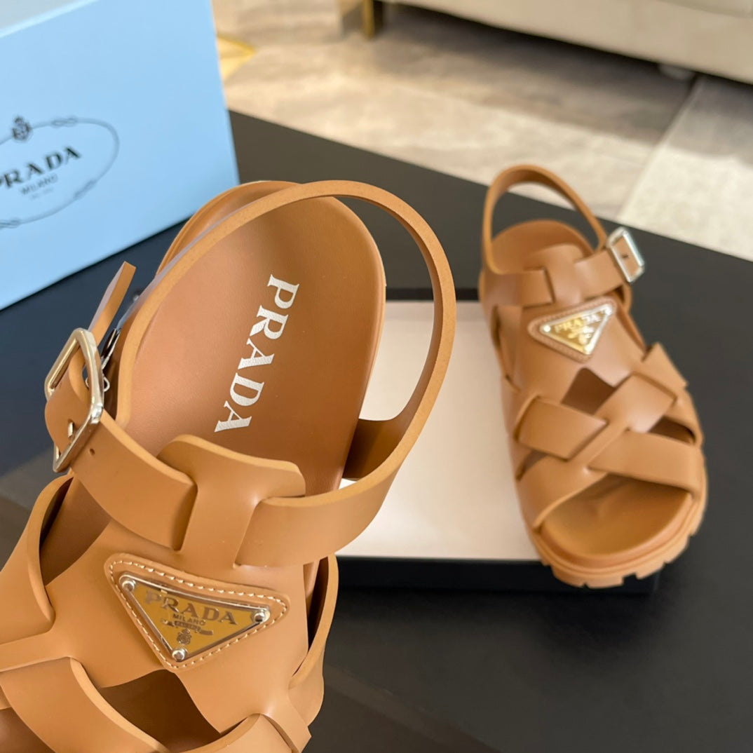 PRADA CRISSCROSS RUBBER SANLS BRONZE CALFSKIN