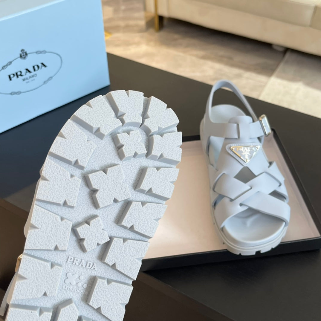 PRADA CRISSCROSS RUBBER SANLS PASTEL SKY CALFSKIN