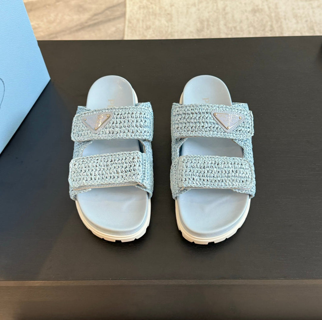 PRADA RAFFIA CORK SLIDE SKY CALFSKIN