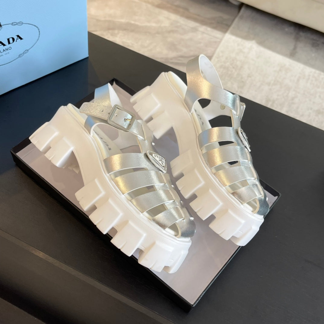PRADA RUBBER MONOLITH SANLS SILVER CALFSKIN