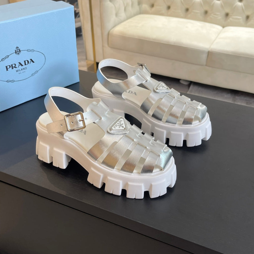PRADA RUBBER MONOLITH SANLS SILVER CALFSKIN