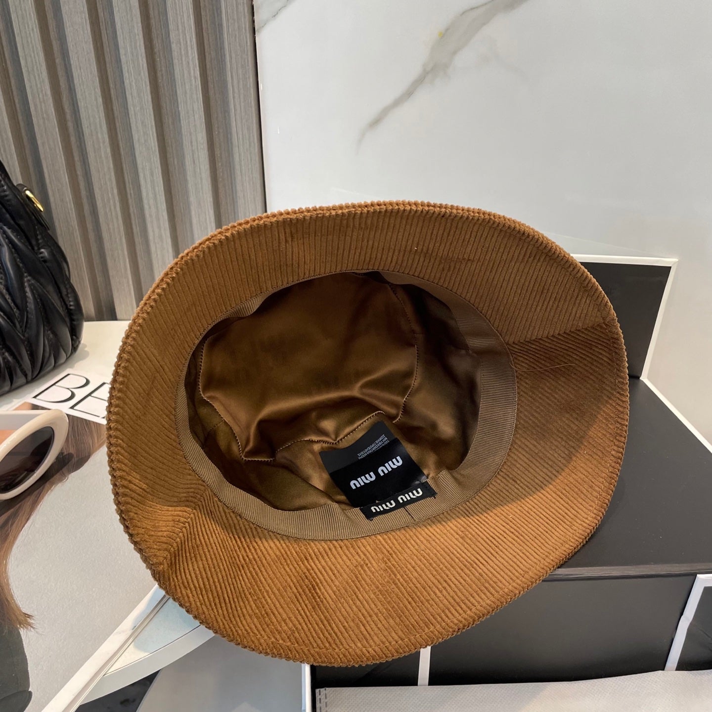 MM BUCKET IN BURNT ORANGE VELVET WITH LOGO