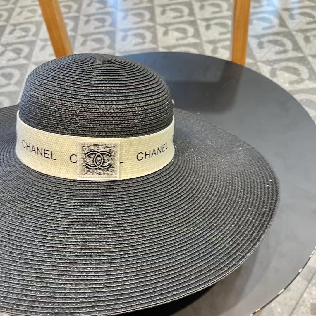 CHANEL WIDE BRIM STRAW HAT BLACK 672709