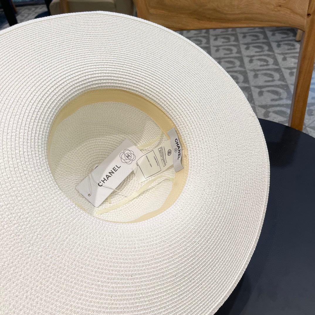 CHANEL WIDE BRIM STRAW HAT WITH BOW WHITE 672704