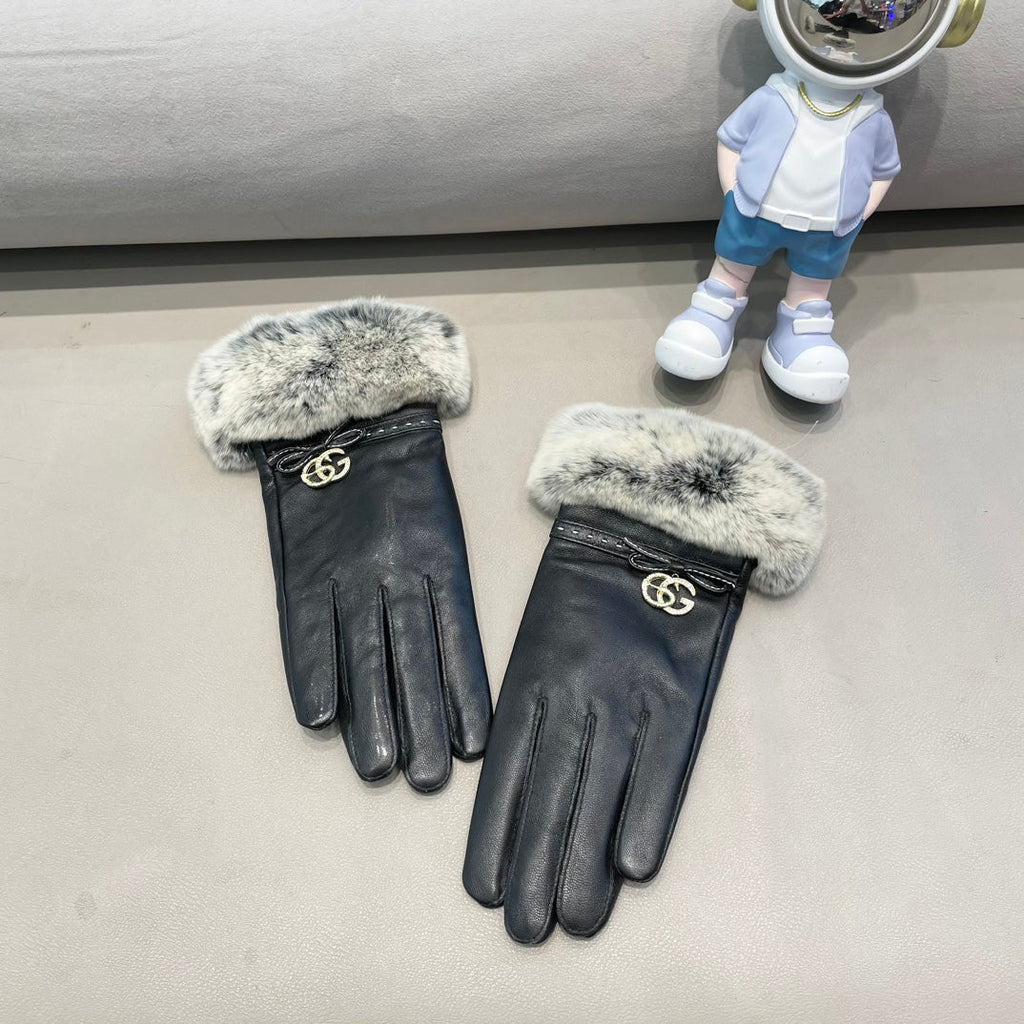 GUCCI FUR-TRIMMED LAMBSKIN GLOVES BLACK WITH BOW 456265