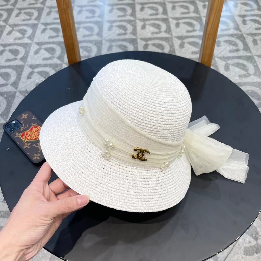 CHANEL STRAW HAT BOW WITH PEARL WHITE 672700