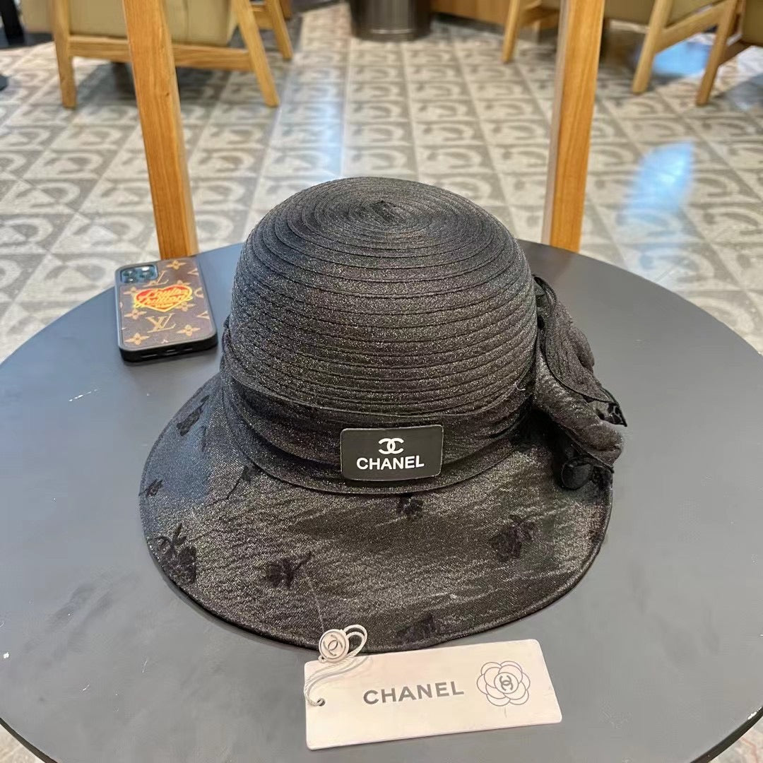 CHANEL STRAW HAT WITH CHIFFON FLOWER BLACK 672760