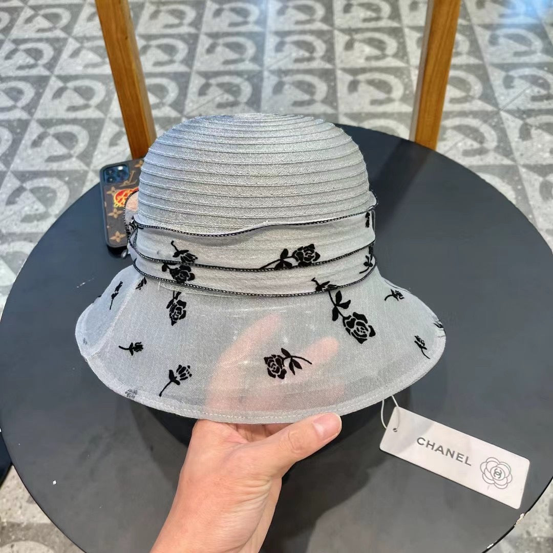 CHANEL STRAW HAT WITH CHIFFON FLOWER VINTAGE GRAY 672759