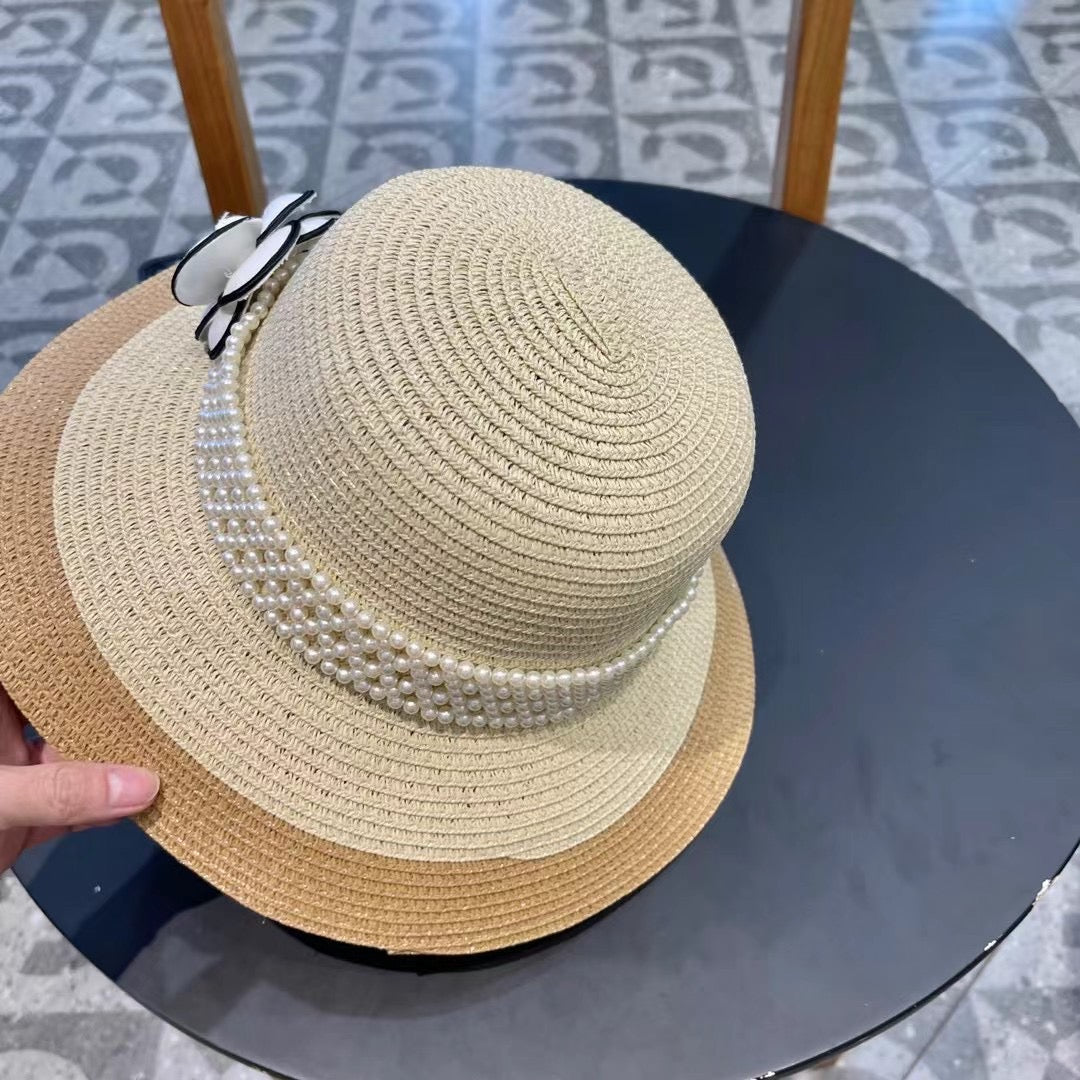 CHANEL STRAW BUCKET HAT WINDSOR GREIGE WITH PEARLS 672763
