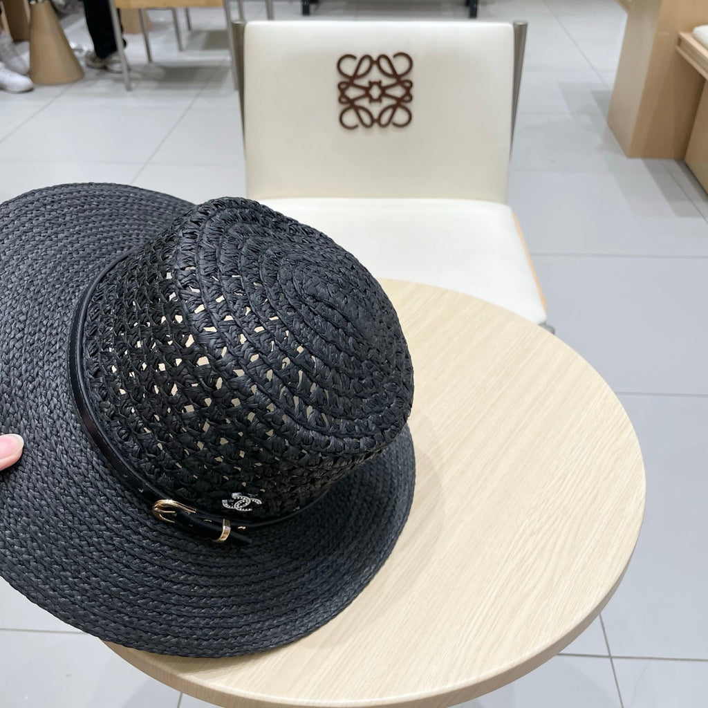 CHANEL STRAW HAT OPEN WEAVE BLACK 674077