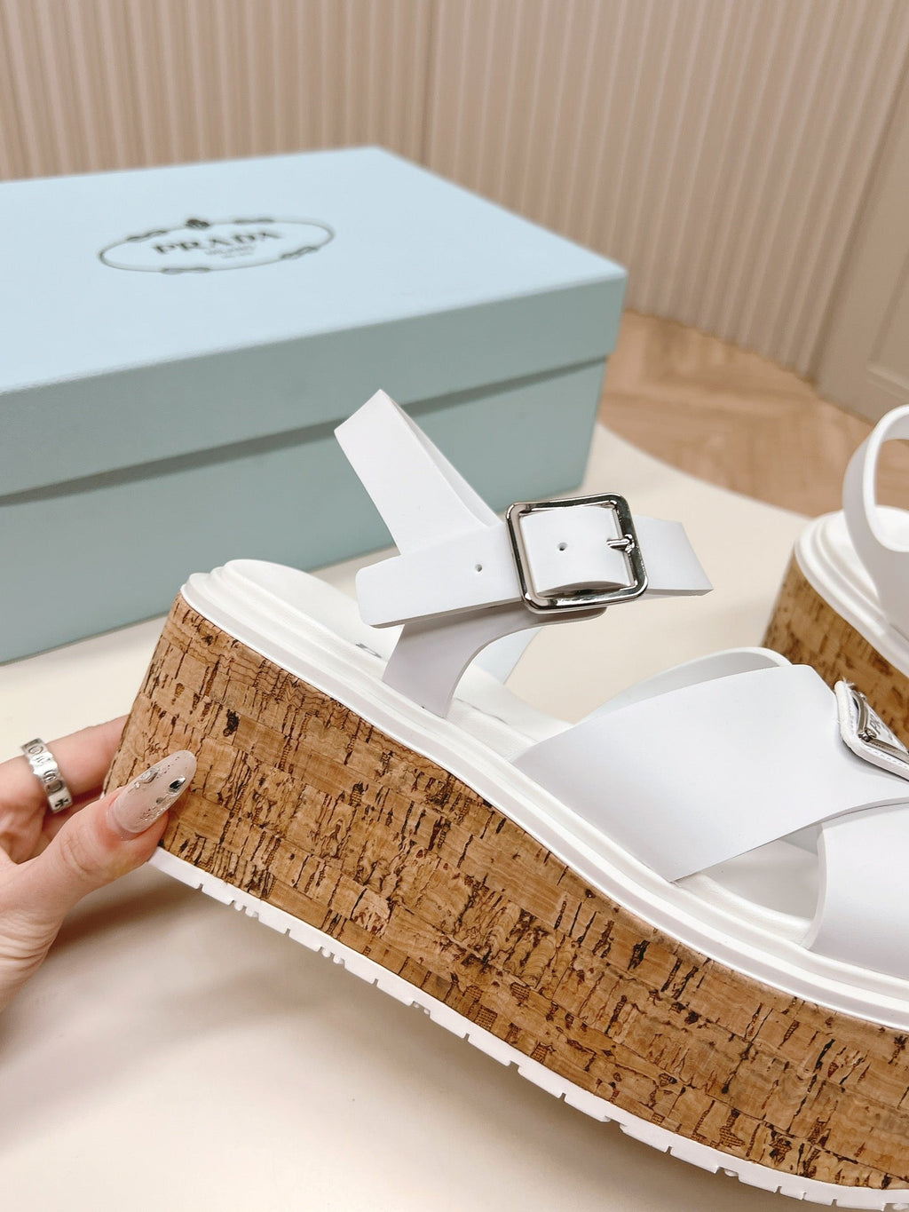 PRADA WEDGE PLATFORM SANLS WHITE CALFSKIN