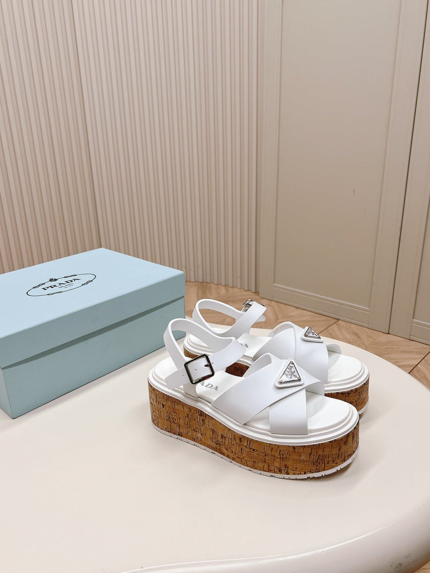 PRADA WEDGE PLATFORM SANLS WHITE CALFSKIN