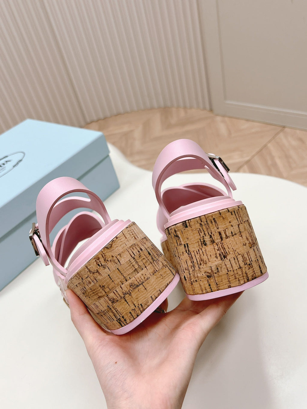 PRADA WEDGE PLATFORM SANLS PASTEL PINK CALFSKIN