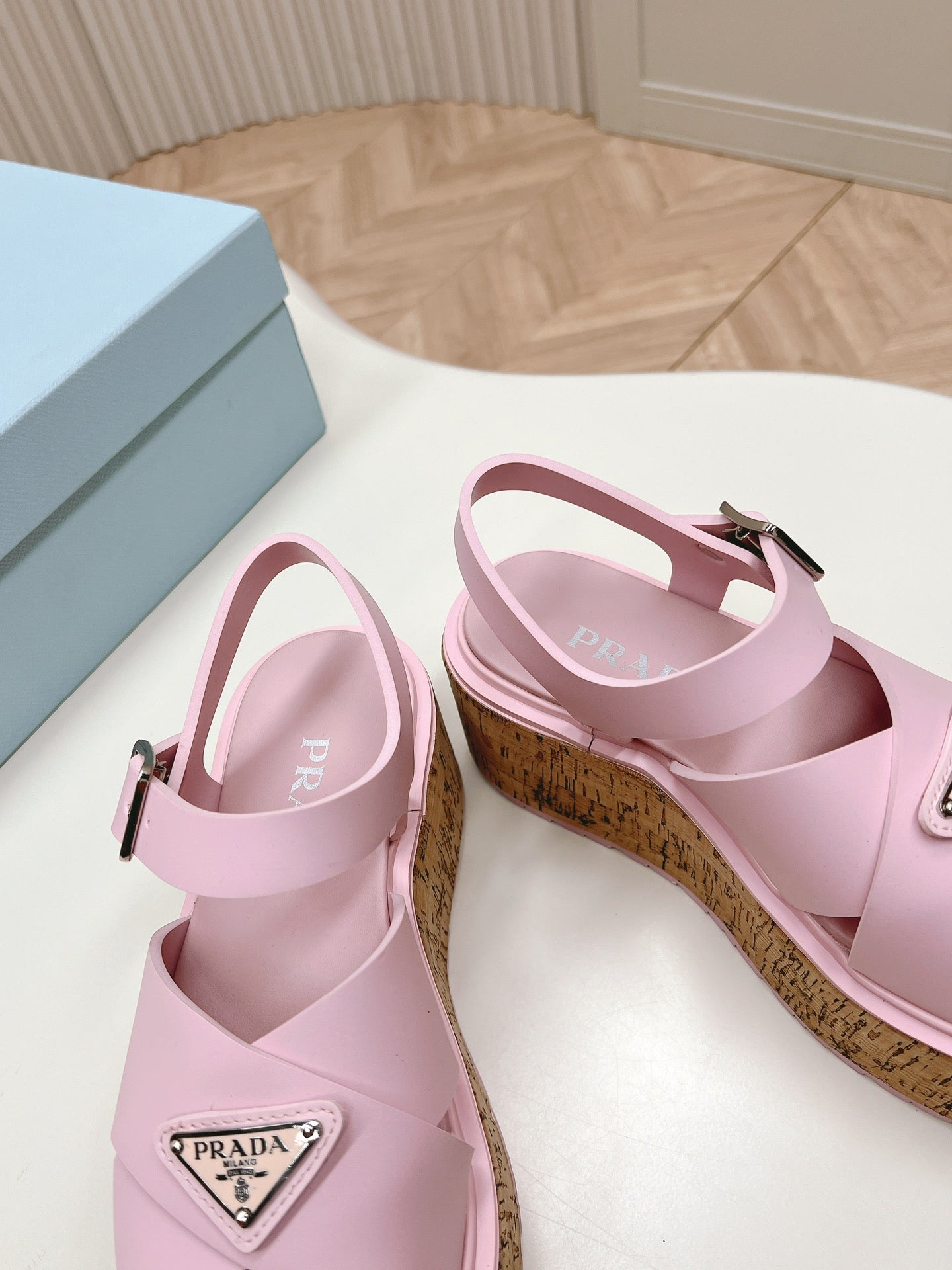 PRADA WEDGE PLATFORM SANLS PASTEL PINK CALFSKIN
