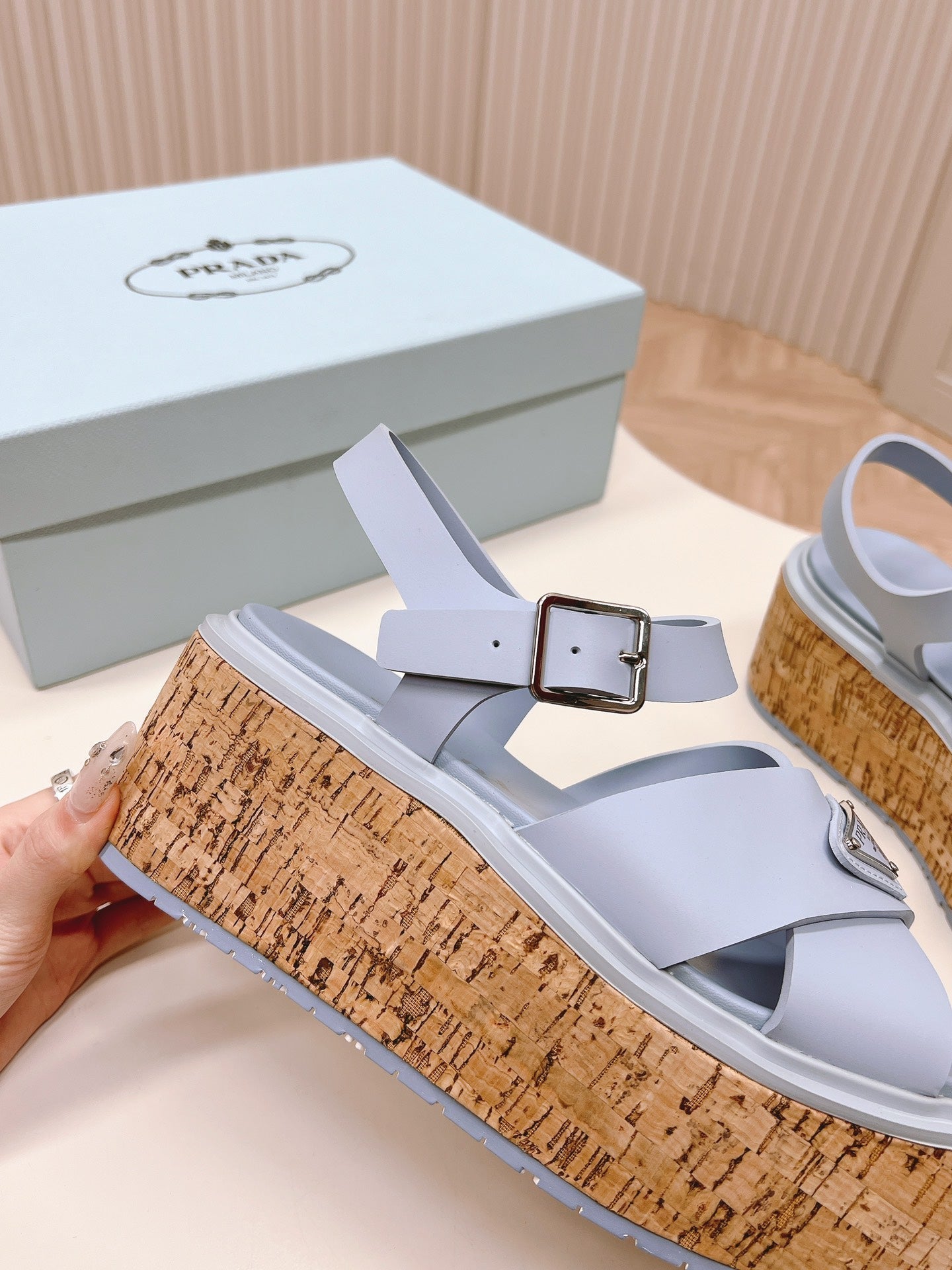 PRADA WEDGE PLATFORM SANLS SAPPHIRE CALFSKIN