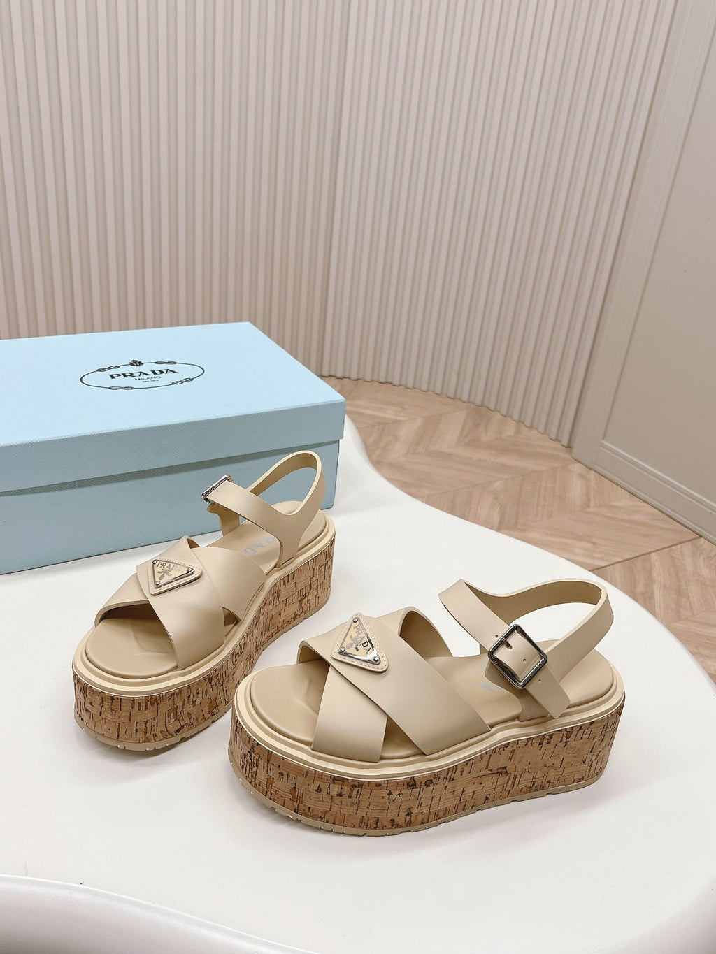 PRADA WEDGE PLATFORM SANLS BEIGE CALFSKIN