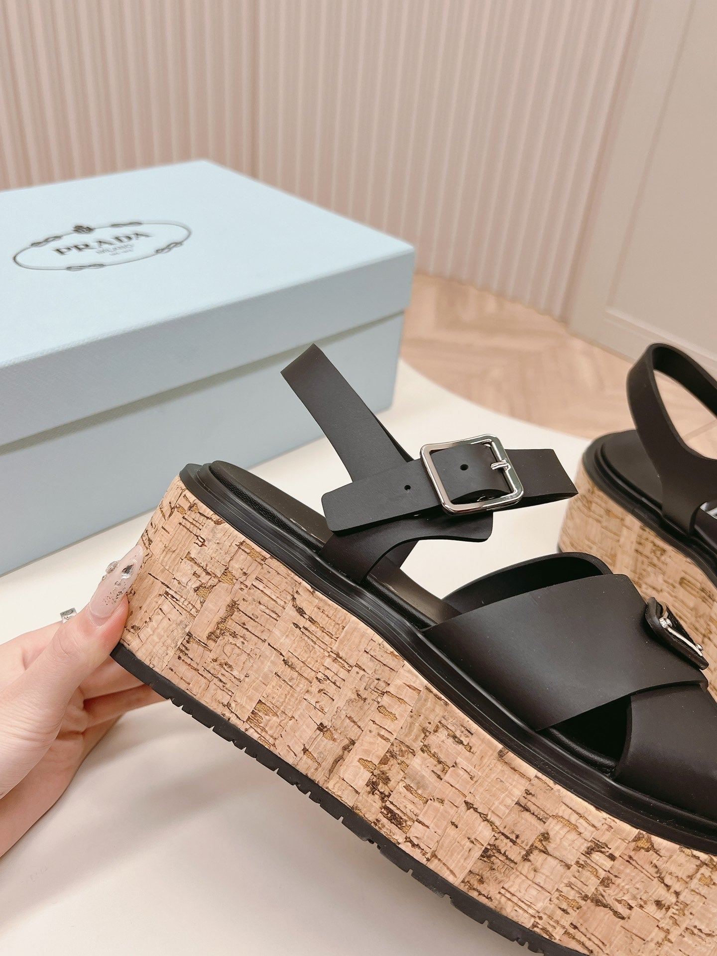 PRADA WEDGE PLATFORM SANLS BLACK CALFSKIN