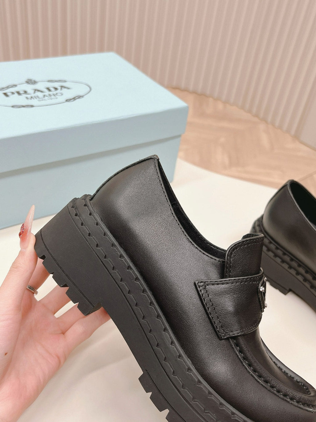 PRADA BRUSHED MONOLITH LOAFERS BLACK CALFSKIN